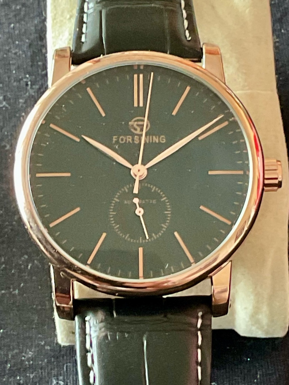 NIB Automatic Forsining Rose Gold and Black Dress Watch